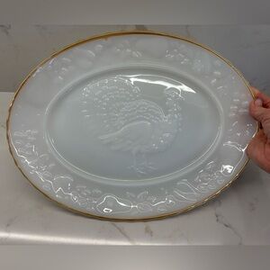 Vintage Anchor Hocking White Milk Glass Oval Turkey Platter Gold Rim Holiday